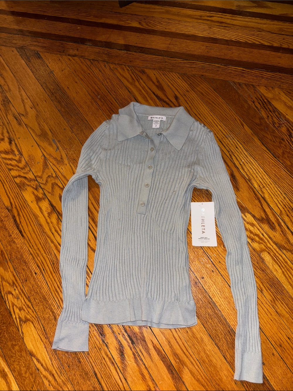 Athleta Light Blue Ribbed Polo Long Sleeve Top